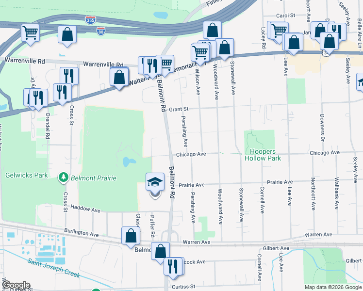 map of restaurants, bars, coffee shops, grocery stores, and more near 4624 Pershing Avenue in Downers Grove