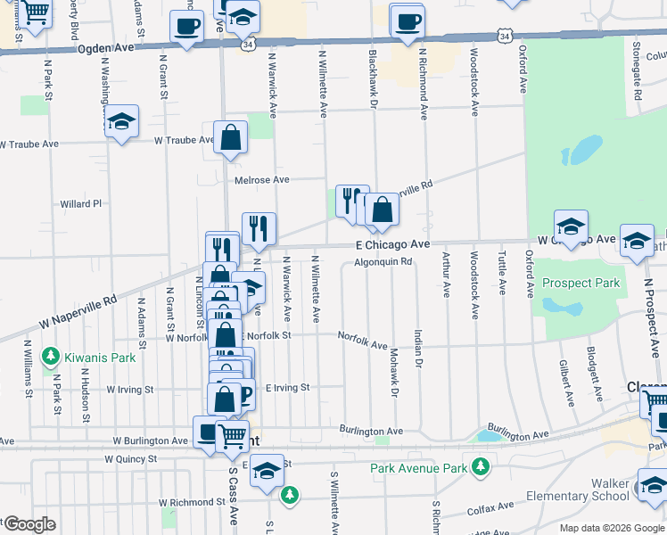 map of restaurants, bars, coffee shops, grocery stores, and more near 4 Hiawatha Drive in Clarendon Hills