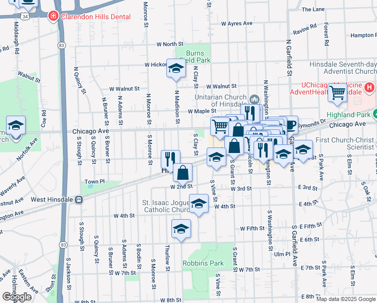 map of restaurants, bars, coffee shops, grocery stores, and more near 40 South Clay Street in Hinsdale