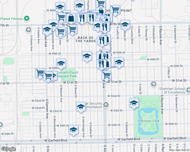 map of restaurants, bars, coffee shops, grocery stores, and more near 5034 South Marshfield Avenue in Chicago