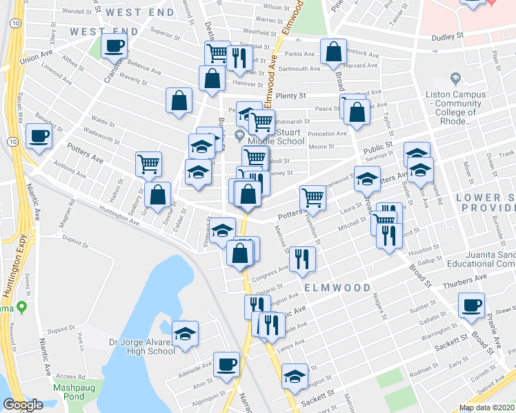 map of restaurants, bars, coffee shops, grocery stores, and more near 716 Public Street in Providence