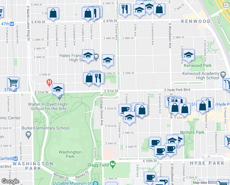 map of restaurants, bars, coffee shops, grocery stores, and more near 4526 South Drexel Avenue in Chicago