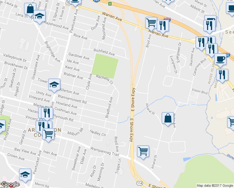 map of restaurants, bars, coffee shops, grocery stores, and more near 21 Rachella Court in East Providence