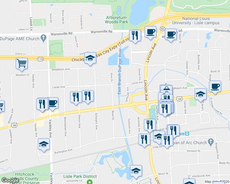 map of restaurants, bars, coffee shops, grocery stores, and more near 4607 River Drive in Lisle