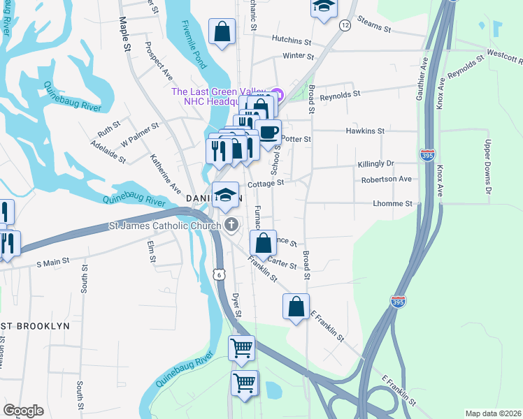 map of restaurants, bars, coffee shops, grocery stores, and more near 86 Furnace Street in Killingly