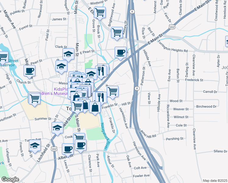 map of restaurants, bars, coffee shops, grocery stores, and more near 38 Willow Street in Torrington