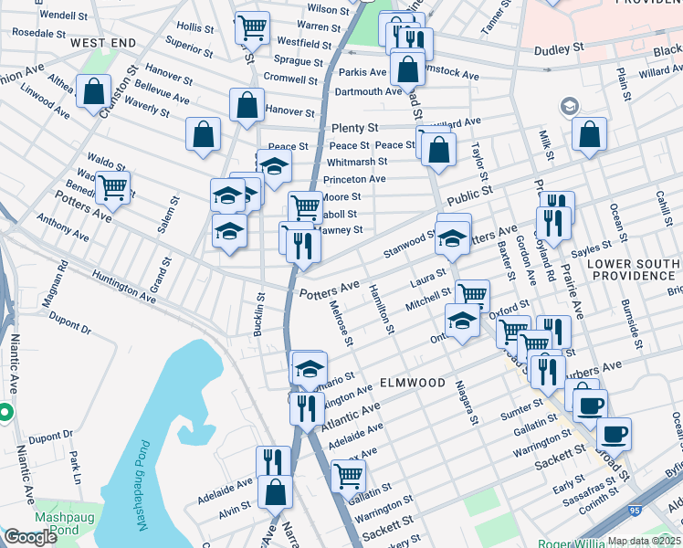map of restaurants, bars, coffee shops, grocery stores, and more near 142 Stanwood Street in Providence