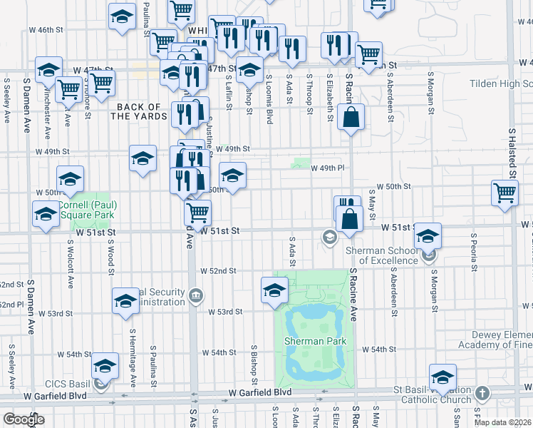 map of restaurants, bars, coffee shops, grocery stores, and more near 5036 South Loomis Boulevard in Chicago