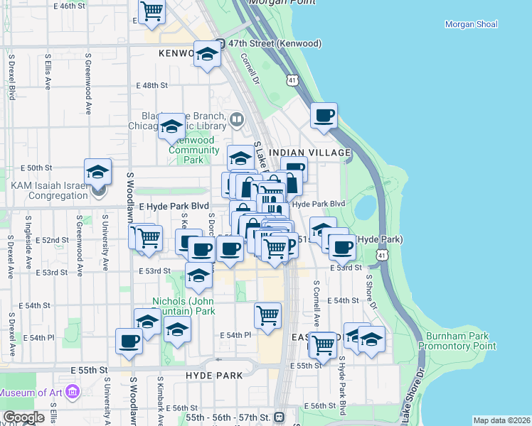 map of restaurants, bars, coffee shops, grocery stores, and more near 5105 South Harper Avenue in Chicago
