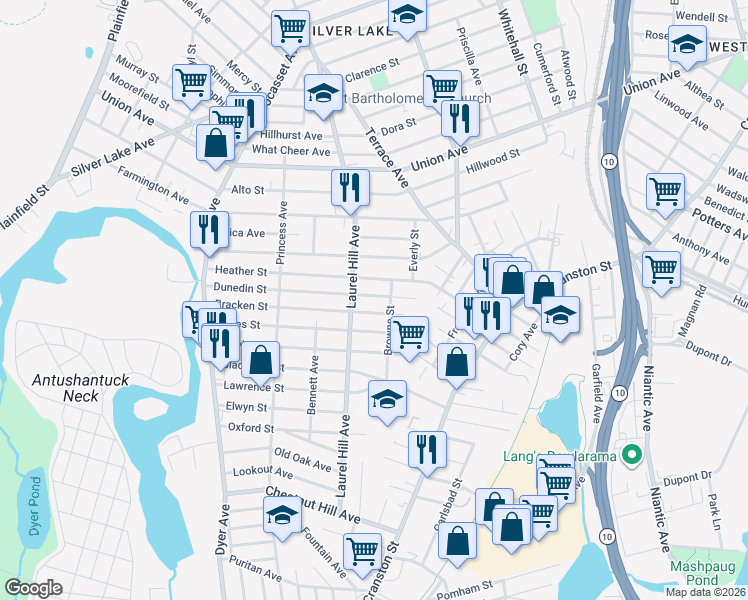 map of restaurants, bars, coffee shops, grocery stores, and more near 54 Dunedin Street in Cranston