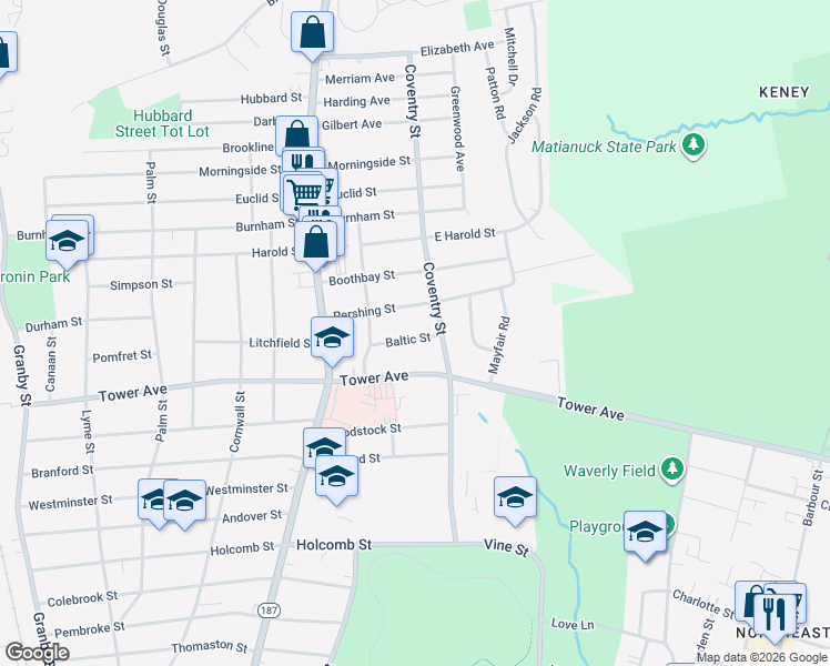 map of restaurants, bars, coffee shops, grocery stores, and more near 38 Baltic Street in Hartford
