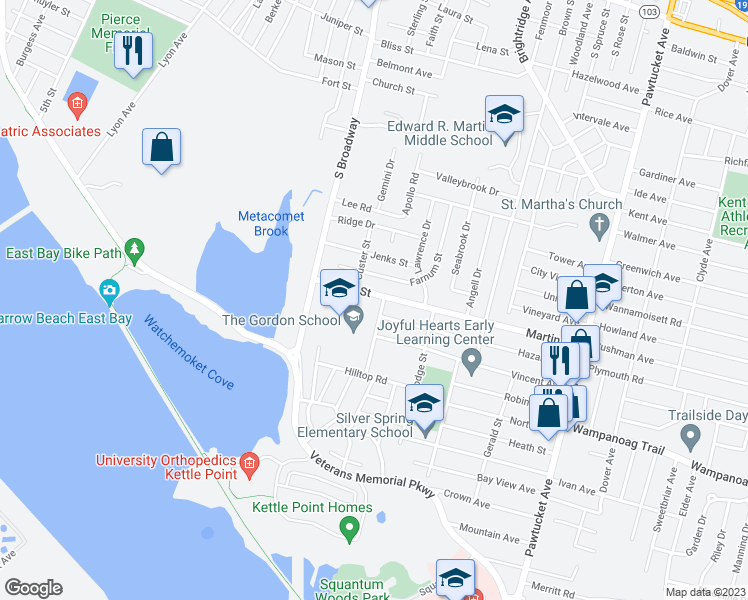 map of restaurants, bars, coffee shops, grocery stores, and more near 60 Martin Street in East Providence