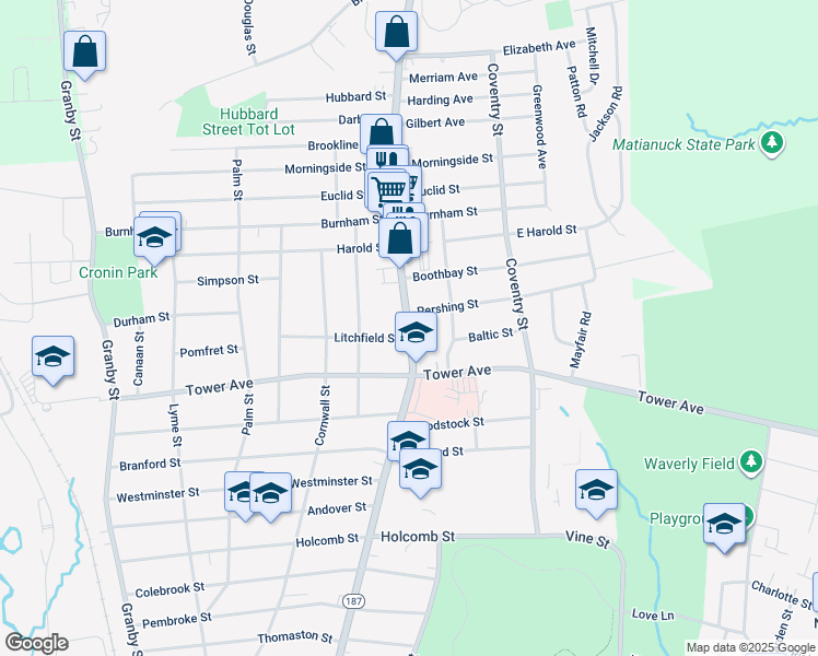 map of restaurants, bars, coffee shops, grocery stores, and more near 570 Blue Hills Ave in Hartford