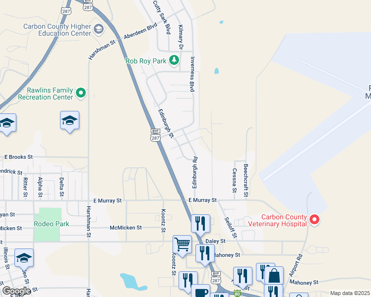 map of restaurants, bars, coffee shops, grocery stores, and more near 1507 Edinburgh Street in Rawlins