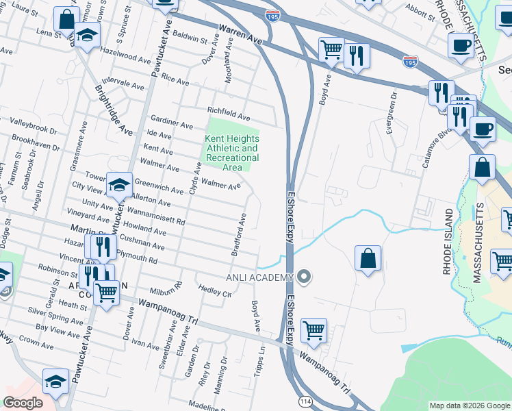 map of restaurants, bars, coffee shops, grocery stores, and more near 21 Rachella Court in East Providence