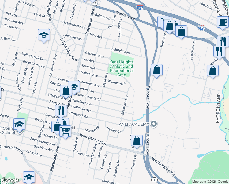 map of restaurants, bars, coffee shops, grocery stores, and more near 106 Allerton Avenue in East Providence
