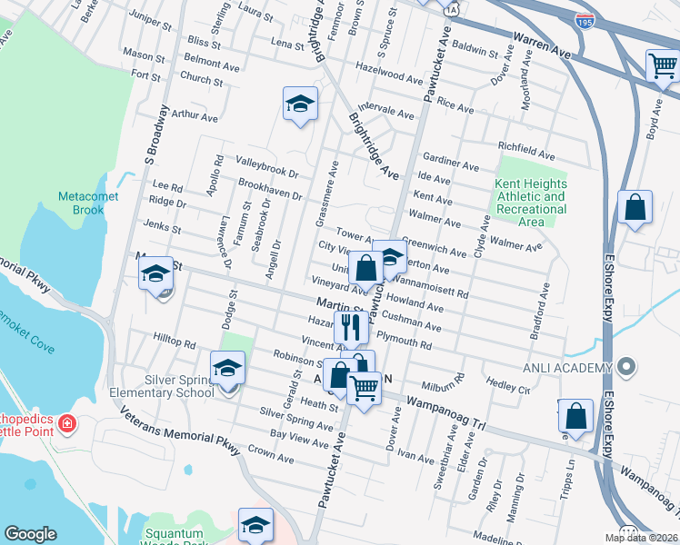 map of restaurants, bars, coffee shops, grocery stores, and more near 39 Unity Ave in East Providence