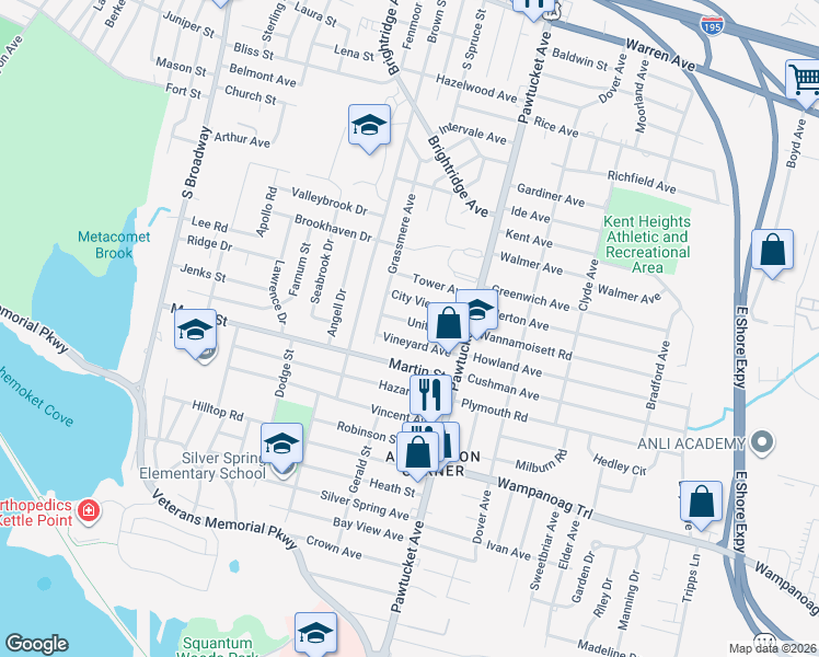 map of restaurants, bars, coffee shops, grocery stores, and more near 39 Unity Avenue in East Providence