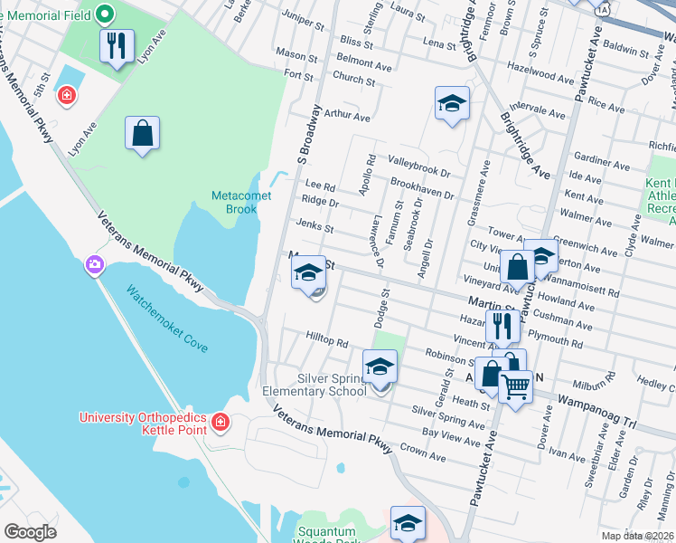 map of restaurants, bars, coffee shops, grocery stores, and more near 60 Martin Street in East Providence