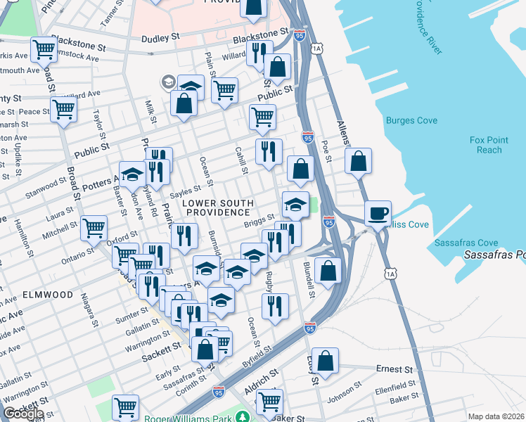 map of restaurants, bars, coffee shops, grocery stores, and more near 440 Cahill Street in Providence