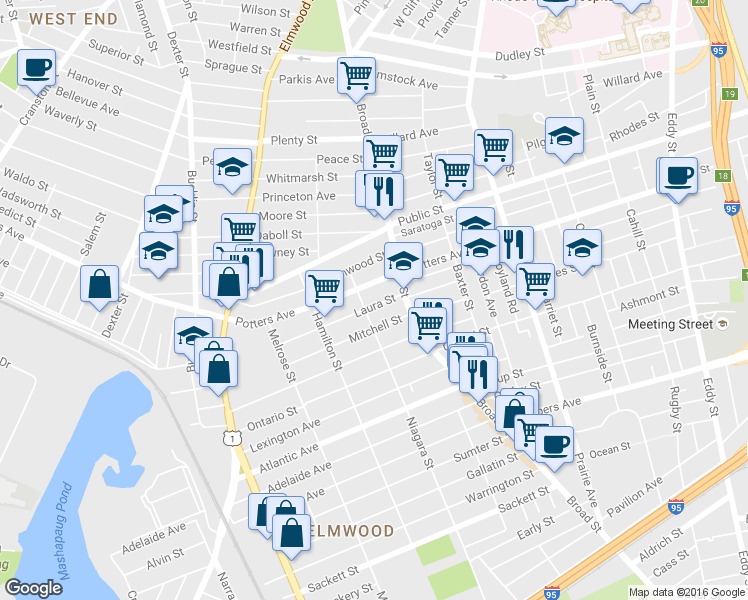map of restaurants, bars, coffee shops, grocery stores, and more near 22 Laura Street in Cranston