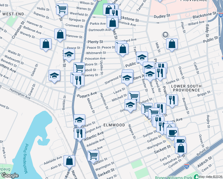 map of restaurants, bars, coffee shops, grocery stores, and more near 51 Niagara Street in Providence