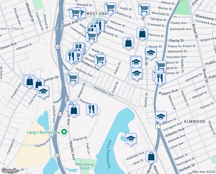 map of restaurants, bars, coffee shops, grocery stores, and more near 44 Seabury Street in Providence