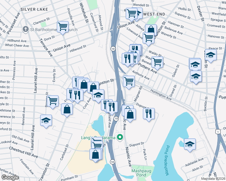map of restaurants, bars, coffee shops, grocery stores, and more near 35 Washington Avenue in Cranston