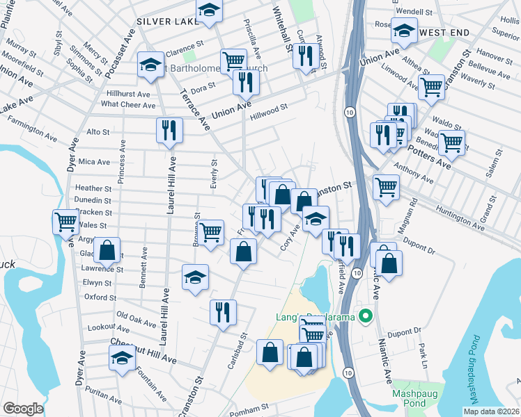 map of restaurants, bars, coffee shops, grocery stores, and more near 122 Franklin Avenue in Cranston
