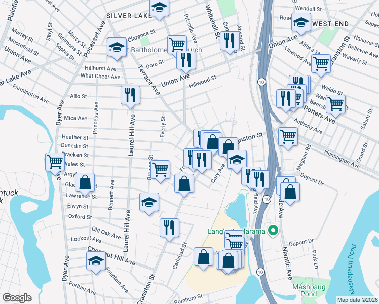 map of restaurants, bars, coffee shops, grocery stores, and more near 122 Franklin Avenue in Cranston