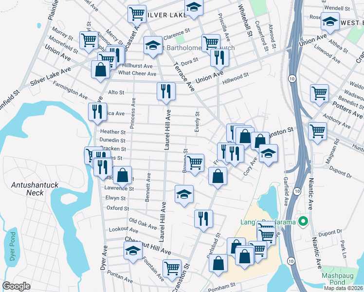 map of restaurants, bars, coffee shops, grocery stores, and more near 54 Dunedin Street in Cranston