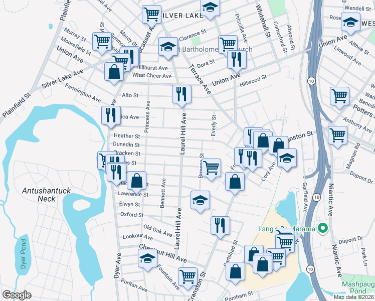 map of restaurants, bars, coffee shops, grocery stores, and more near 54 Dunedin Street in Cranston