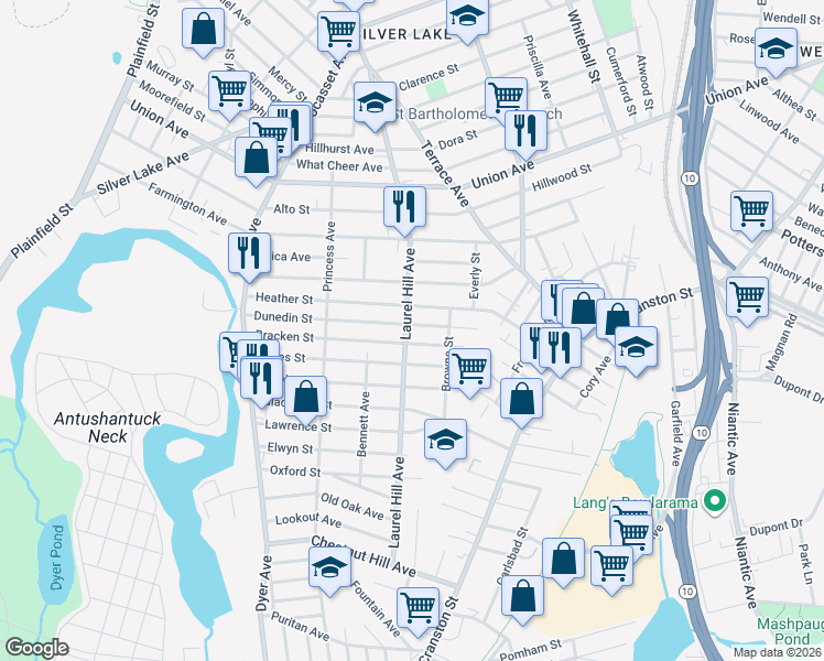 map of restaurants, bars, coffee shops, grocery stores, and more near 83 Bracken Street in Cranston