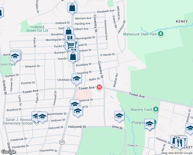 map of restaurants, bars, coffee shops, grocery stores, and more near 38 Baltic Street in Hartford