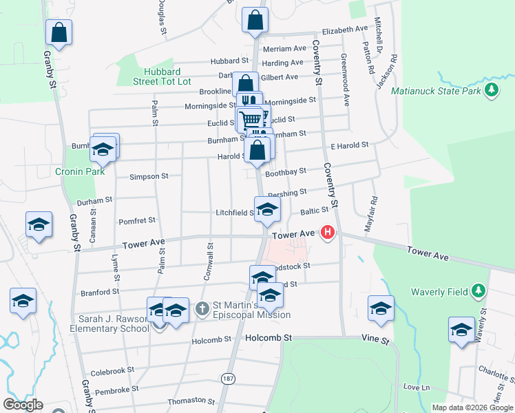 map of restaurants, bars, coffee shops, grocery stores, and more near 22 Litchfield Street in Hartford
