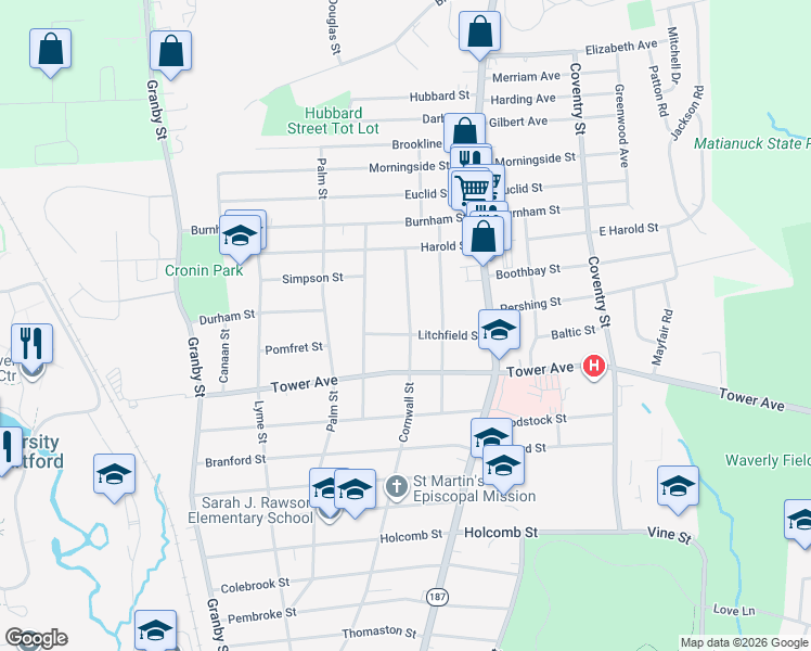 map of restaurants, bars, coffee shops, grocery stores, and more near 86 Litchfield Street in Hartford