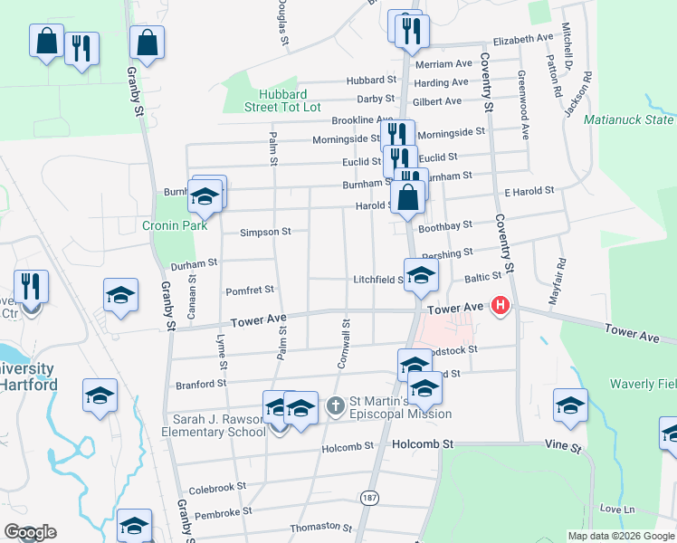 map of restaurants, bars, coffee shops, grocery stores, and more near 86 Litchfield Street in Hartford
