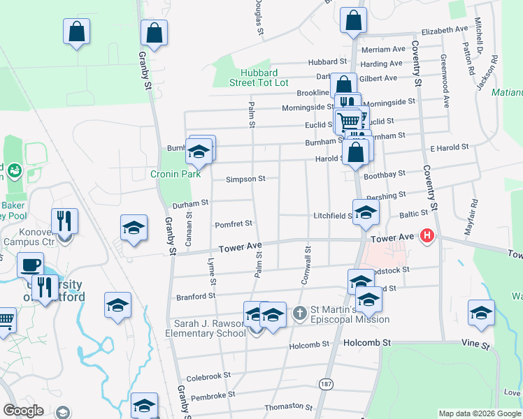 map of restaurants, bars, coffee shops, grocery stores, and more near 95 Hartland Street in Hartford