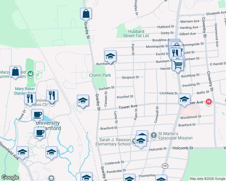 map of restaurants, bars, coffee shops, grocery stores, and more near 60 North Canaan Street in Hartford