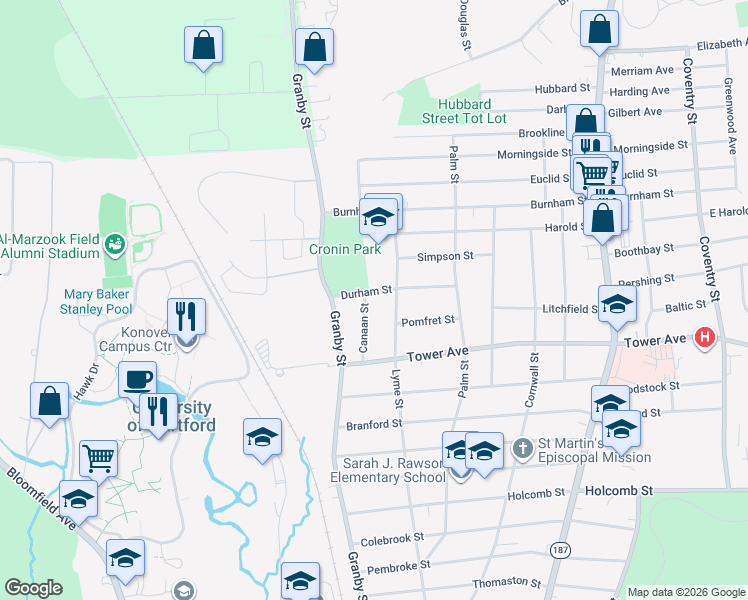 map of restaurants, bars, coffee shops, grocery stores, and more near 60 North Canaan Street in Hartford