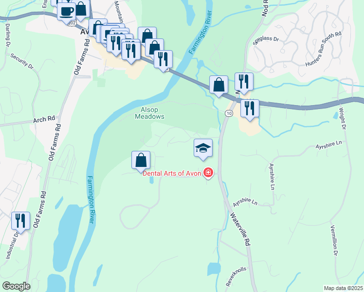map of restaurants, bars, coffee shops, grocery stores, and more near 13 Rivermead in Avon