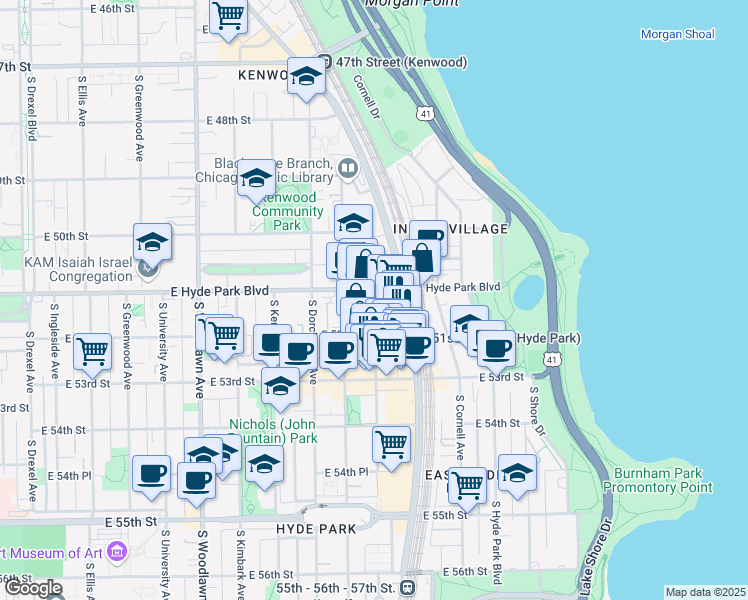 map of restaurants, bars, coffee shops, grocery stores, and more near 5110 South Harper Avenue in Chicago