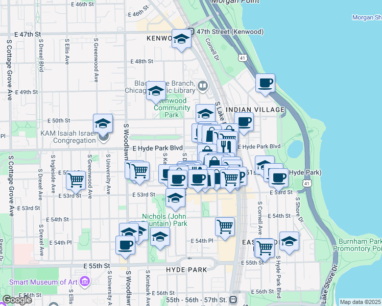 map of restaurants, bars, coffee shops, grocery stores, and more near 5118 South Blackstone Avenue in Chicago