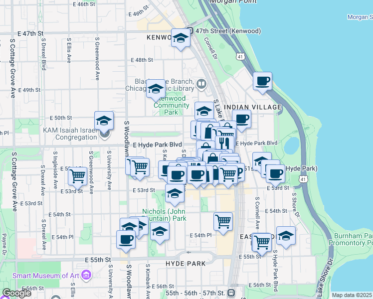 map of restaurants, bars, coffee shops, grocery stores, and more near 5118 South Blackstone Avenue in Chicago