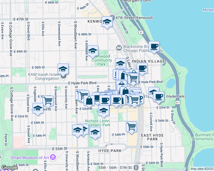 map of restaurants, bars, coffee shops, grocery stores, and more near 5100 South Dorchester Avenue in Chicago