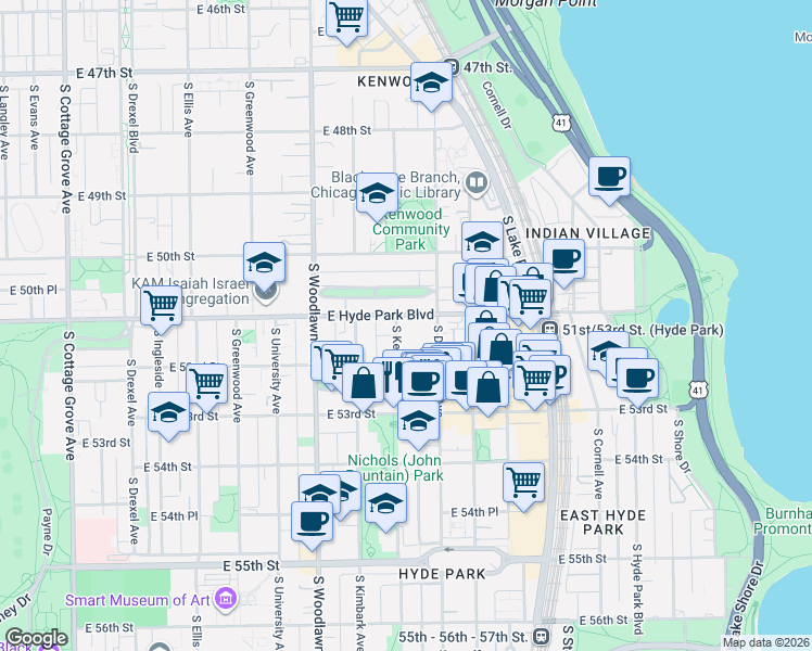 map of restaurants, bars, coffee shops, grocery stores, and more near 5112 South Dorchester Avenue in Chicago