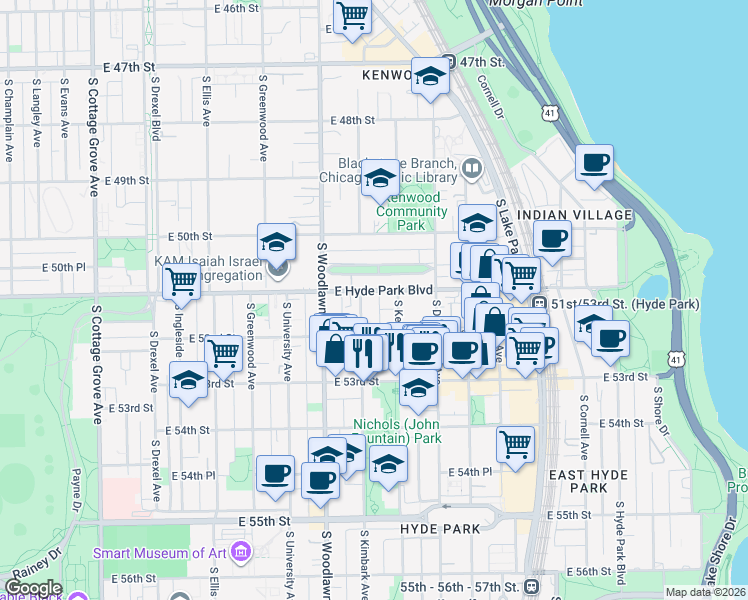 map of restaurants, bars, coffee shops, grocery stores, and more near 5110 South Kenwood Avenue in Chicago