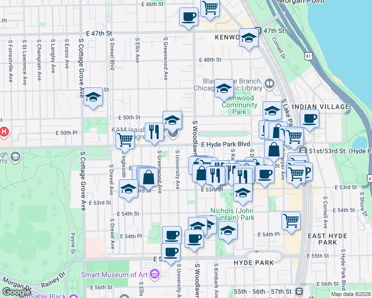 map of restaurants, bars, coffee shops, grocery stores, and more near East Hyde Park Boulevard in Chicago