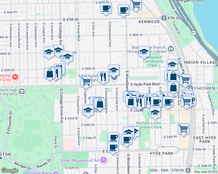 map of restaurants, bars, coffee shops, grocery stores, and more near 1031 East Hyde Park Boulevard in Chicago