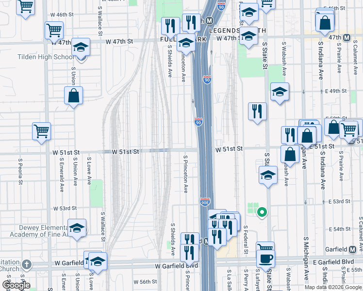 map of restaurants, bars, coffee shops, grocery stores, and more near 256 West 51st Street in Chicago